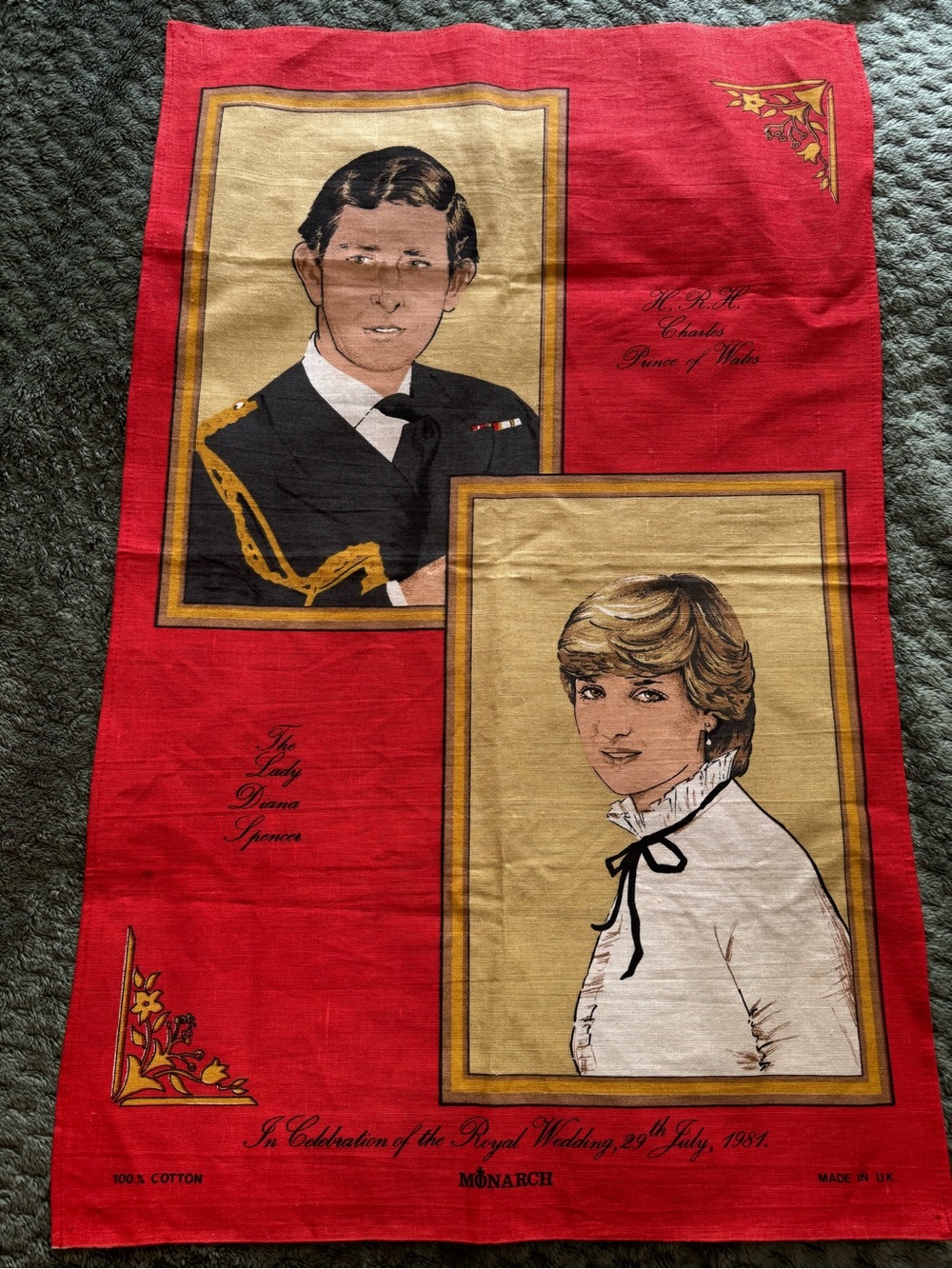 Princess Diana and Prince Charles Commemorative Tea Towel. Vintage. 100% Cotton.